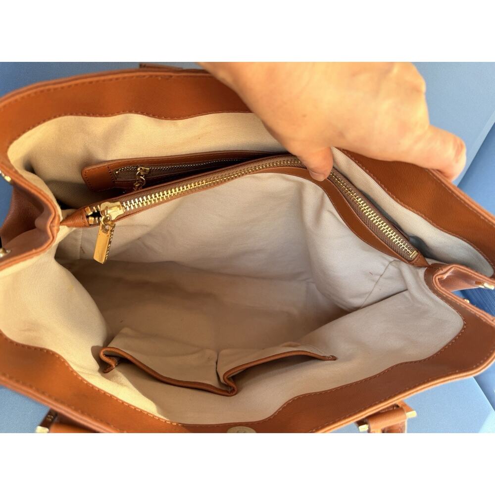Tory Burch Robinson Saffiano Leather Tote Bag Cognac Brown Zip Satchel 16 Inch - Picture 12 of 16